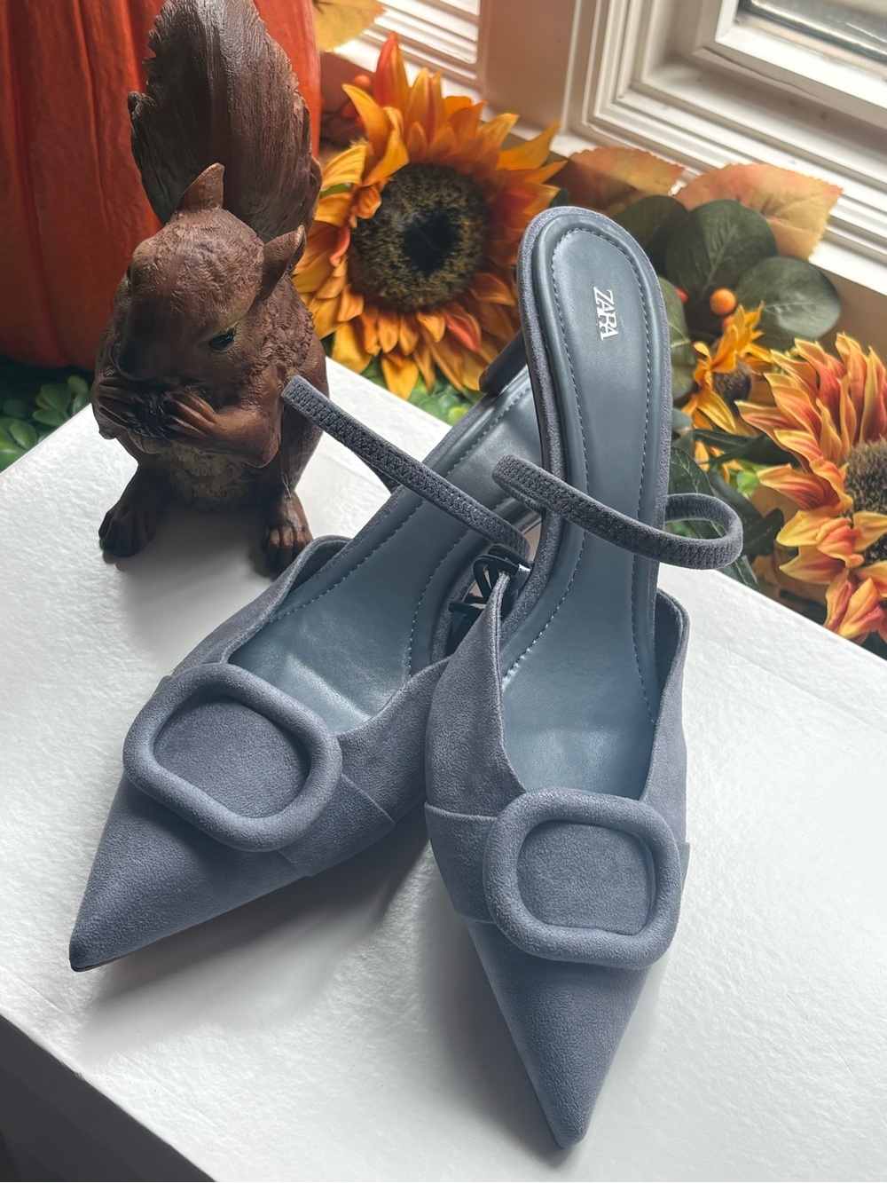ZARA Blue Gray Pointed Toe Buckle Slingback Mules SIZE 39